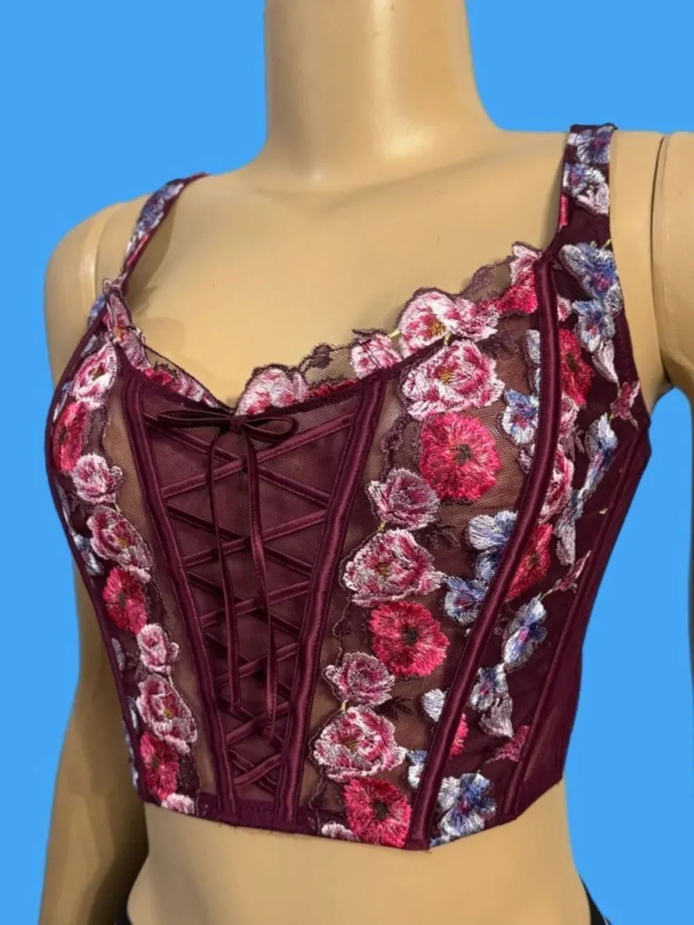 Victorias Secret Dream Angels Satin lace Unlined Corset Bra Burgundy floral S-DD